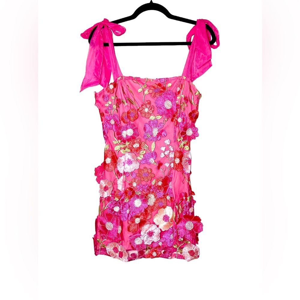 NWT Lulus Emphatically Adorable Hot Pink Floral Tie-Strap Mini Dress, Medium - Picture 5 of 15